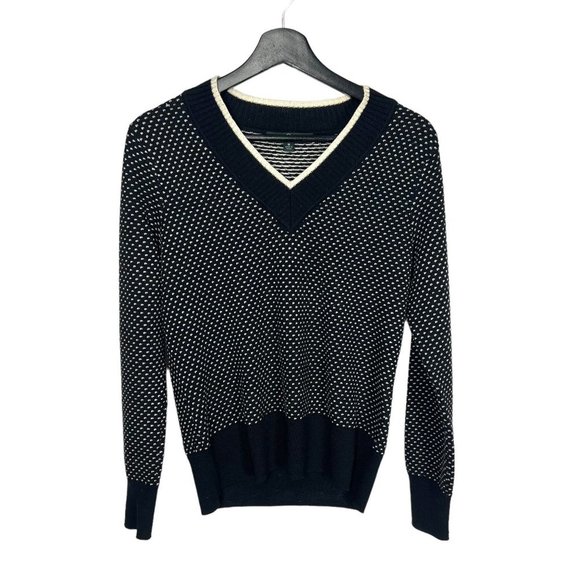 Brooks Brother Black White V Neck Dotted Long Sleeve Knit Sweater Top Medium - Picture 1 of 7